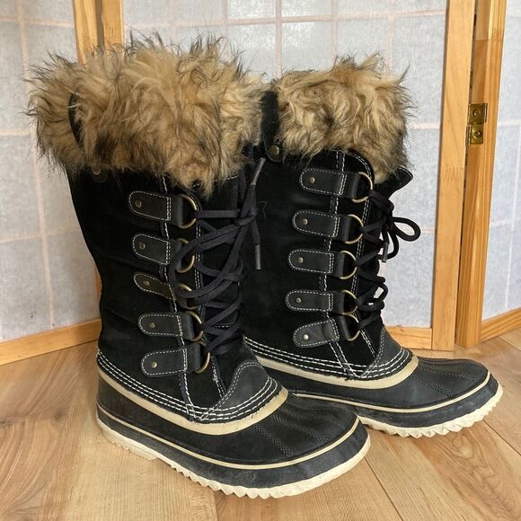 Sorel Shoes - Sorel Black Suede Snow Boot Joan of Artic Fur Lace Up Waterproof Woman’s Sz 6